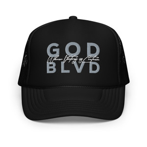 GOD BLVD - Where Victory is Certain - Black Foam Trucker Hat - Grey/White GOD BLVD - Where Victory is Certain - Black Foam Trucker Hat - Grey/White