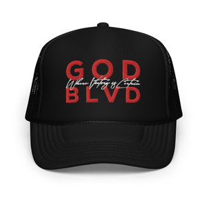 GOD BLVD - Where Victory is Certain - Black Foam Trucker Hat - Red/White