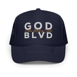 GOD BLVD - Where Victory is Certain - Navy Foam Trucker Hat - White/Old Gold GOD BLVD - Where Victory is Certain - Navy Foam Trucker Hat - White/Old Gold