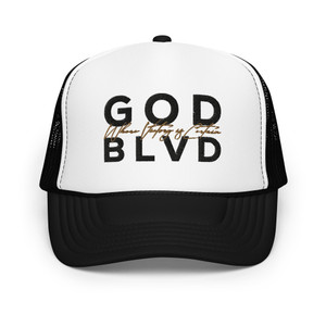 GOD BLVD - Where Victory is Certain - Black White Foam Trucker Hat - Black/Old Gold GOD BLVD - Where Victory is Certain - Black White Foam Trucker Hat - Black/Old Gold