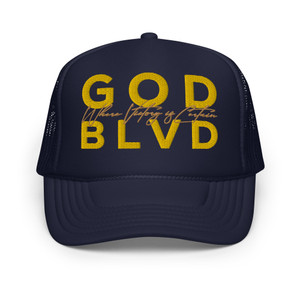 GOD BLVD - Where Victory is Certain - Navy Foam Trucker Hat - Gold/Old Gold GOD BLVD - Where Victory is Certain - Navy Foam Trucker Hat - Gold/Old Gold