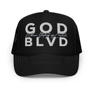 GOD BLVD - Where Victory is Certain - Black Foam Trucker Hat - White/Grey GOD BLVD - Where Victory is Certain - Black Foam Trucker Hat - White/Grey