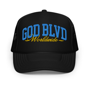 GOD BLVD - Worldwide - Black Foam Trucker Hat - Aqua Blue/Gold