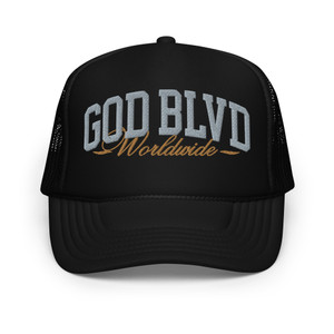 GOD BLVD - Worldwide - Black Foam Trucker Hat - Grey/Old Gold