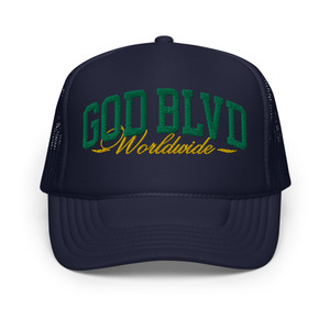 GOD BLVD - Worldwide - Navy Foam Trucker Hat - Green/Gold GOD BLVD - Worldwide - Navy Foam Trucker Hat - Green/Gold
