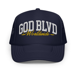 GOD BLVD - Worldwide - Navy Foam Trucker Hat - White/Gold GOD BLVD - Worldwide - Navy Foam Trucker Hat - White/Gold