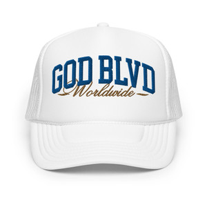 GOD BLVD - Worldwide - White Foam Trucker Hat - Blue/Old Gold