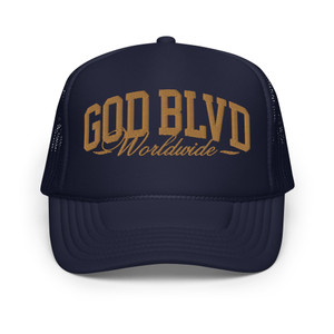 GOD BLVD - Worldwide - Navy Foam Trucker Hat - Old Gold GOD BLVD - Worldwide - Navy Foam Trucker Hat - Old Gold