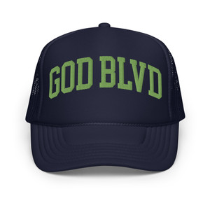 GOD BLVD - Arched - Navy Foam Trucker Hat - Green Kiwi Embroidered GOD BLVD - Arched - Navy Foam Trucker Hat - Green Kiwi Embroidered