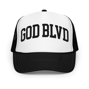 GOD BLVD - Arched - White Black Foam Trucker Hat - Black Embroidered GOD BLVD - Arched - White Black Foam Trucker Hat - Black Embroidered