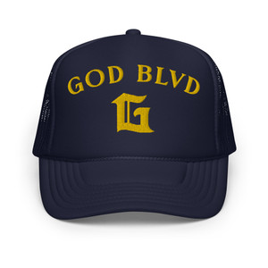 GOD BLVD - Arched G - Navy Foam Trucker Hat - Gold GOD BLVD - Arched G - Navy Foam Trucker Hat - Gold