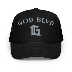GOD BLVD - Arched G - Black Foam Trucker Hat - Grey Embroidered