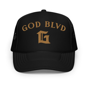 GOD BLVD - Arched G - Black Foam Trucker Hat - Old Gold Embroidered GOD BLVD - Arched G - Black Foam Trucker Hat - Old Gold Embroidered