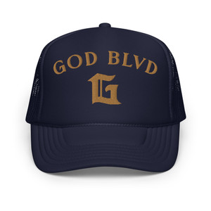 GOD BLVD - Arched G - Navy Foam Trucker Hat - Old Gold Embroidered GOD BLVD - Arched G - Navy Foam Trucker Hat - Old Gold Embroidered