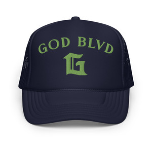 GOD BLVD - Arched G - Navy Foam Trucker Hat - Kiwi Green Embroidered GOD BLVD - Arched G - Navy Foam Trucker Hat - Kiwi Green Embroidered