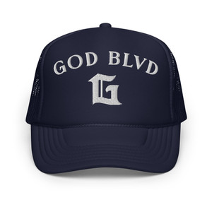 GOD BLVD - Arched G - Navy Foam Trucker Hat - White Embroidered