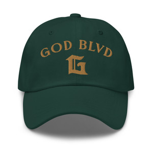 GOD BLVD - Arched G - Spruce Green Dad Hat - Old Gold Embroidered GOD BLVD - Arched G - Spruce Green Dad Hat - Old Gold Embroidered
