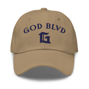 GOD BLVD - Arched G - Khaki Dad Hat - Navy Embroidered GOD BLVD - Arched G - Khaki Dad Hat - Navy Embroidered