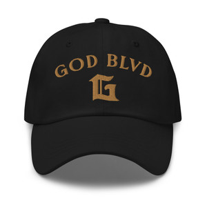 GOD BLVD - Arched G - Black Dad Hat - Old Gold Embroidered