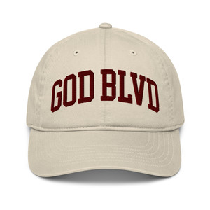 GOD BLVD - Arched - Oyster Organic Dad Hat - Maroon Embroidered GOD BLVD - Arched - Oyster Organic Dad Hat - Maroon Embroidered