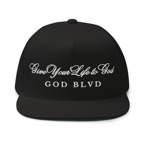 GOD BLVD - Give Your Life To God - Black Flat Bill Cap - White Embroidered GOD BLVD - Give Your Life To God - Black Flat Bill Cap - White Embroidered