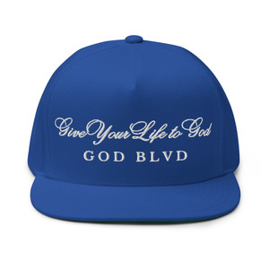 GOD BLVD - Give Your Life To God - Blue Flat Bill Cap - White Embroidered GOD BLVD - Give Your Life To God - Blue Flat Bill Cap - White Embroidered