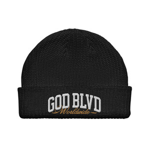 GOD BLVD - Worldwide - Black Fisherman Beanie - White/Old Gold GOD BLVD - Worldwide - Black Fisherman Beanie - White/Old Gold