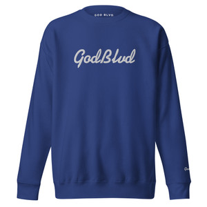 GOD BLVD - Blue Sweatshirt - Cursive - White Embroidered GOD BLVD - Blue Sweatshirt - Cursive - White Embroidered