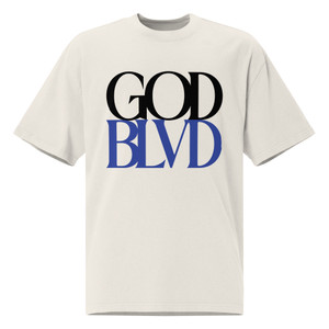 GOD BLVD - Secondary Logo - Oversized Faded Tee - Faded Bone Color - Black/Blue Print