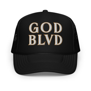 GOD BLVD - Secondary Logo - Black Foam Trucker Hat - Old Gold/White Embroidered GOD BLVD - Secondary Logo - Black Foam Trucker Hat - Old Gold/White Embroidered