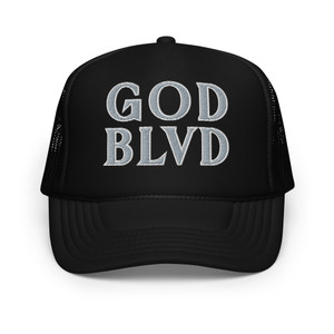 GOD BLVD - Secondary Logo - Black Foam Trucker Hat - Grey/White Embroidered GOD BLVD - Secondary Logo - Black Foam Trucker Hat - Grey/White Embroidered