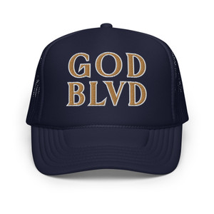 GOD BLVD - Secondary Logo - Navy Foam Trucker Hat - Old Gold/White Embroidered GOD BLVD - Secondary Logo - Navy Foam Trucker Hat - Old Gold/White Embroidered