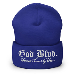 GOD BLVD - Sinner Saved by Grace - Blue Cuffed Beanie - White Embroidered GOD BLVD - Sinner Saved by Grace - Blue Cuffed Beanie - White Embroidered
