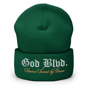 GOD BLVD - Sinner Saved by Grace -  Spruce Green Cuffed Beanie - White/Old Gold