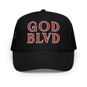 GOD BLVD - Secondary Logo - Black Foam Trucker Hat - Red/White Embroidered 