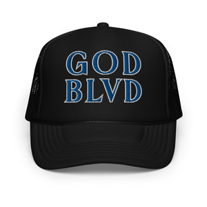 GOD BLVD - Secondary Logo - Black Foam Trucker Hat - Blue/White Embroidered
