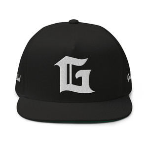 GOD BLVD - Capital G and 2 Side Cursive - Black Flat Bill Cap - White