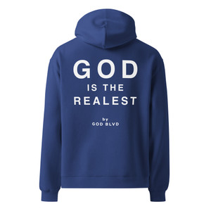 GOD BLVD - God is the Realest - Blue Oversized Hoodie - Front/Back White Print GOD BLVD - God is the Realest - Blue Oversized Hoodie - Front/Back White Print