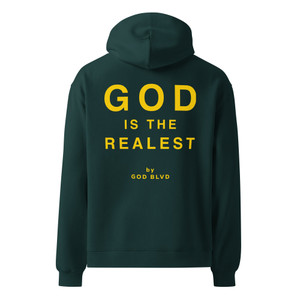 GOD BLVD - God is the Realest - Pine Green Oversized Hoodie - Front/Back Yellow Print GOD BLVD - God is the Realest - Pine Green Oversized Hoodie - Front/Back Yellow Print
