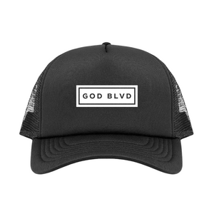 GOD BLVD - White Sign - Black Trucker Hat - White Print (No Rope)