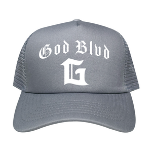 GOD BLVD - Arched G - Grey Classic Foam Trucker (White Print) GOD BLVD - Arched G - Grey Classic Foam Trucker (White Print)