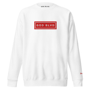 GOD BLVD - Red/White Embroidered Sign - White Premium Sweatshirt