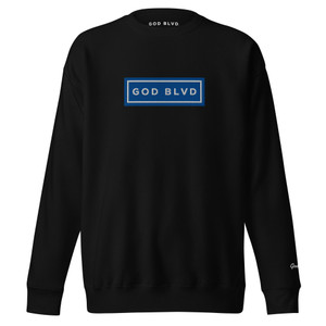 GOD BLVD - Blue/White Embroidered Street Sign - Black Premium Sweatshirt GOD BLVD - Blue/White Embroidered Street Sign - Black Premium Sweatshirt