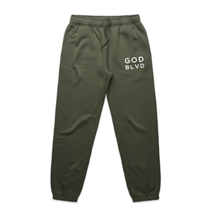 GOD BLVD - OG Logo - Army Green Track Pants (White Print)