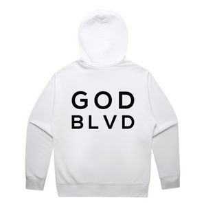 GOD BLVD - OG Logo - White Oversized Hoodie (Front/Back Black Print) GOD BLVD - OG Logo - White Oversized Hoodie (Front/Back Black Print)