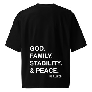 GOD BLVD - Black Oversized Heavyweight Tee - OG Logo - God, Family, Stability and Peace (White Print)