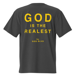 GOD BLVD - God is the Realest - Faded Black Oversized Tee - Yellow Print GOD BLVD - God is the Realest - Faded Black Oversized Tee - Yellow Print