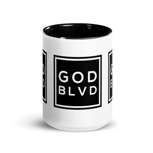 GOD BLVD - Black OG Logo Sign - 15 oz White Glossy Mug with Black Color Inside GOD BLVD - Black OG Logo Sign - 15 oz White Glossy Mug with Black Color Inside