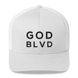 GOD BLVD - White Retro Trucker Hat (Black)