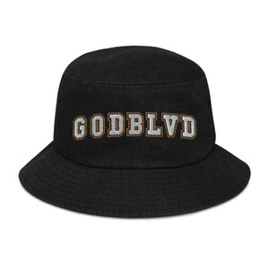 GOD BLVD - Arch Class - Black Denim Bucket Hat (White/Old Gold) GOD BLVD - Arch Class - Black Denim Bucket Hat (White/Old Gold)
